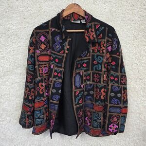 Vintage Chicos Design Jacket Womens 2 Large‎ Black Embroidered Art To Wear Boho
